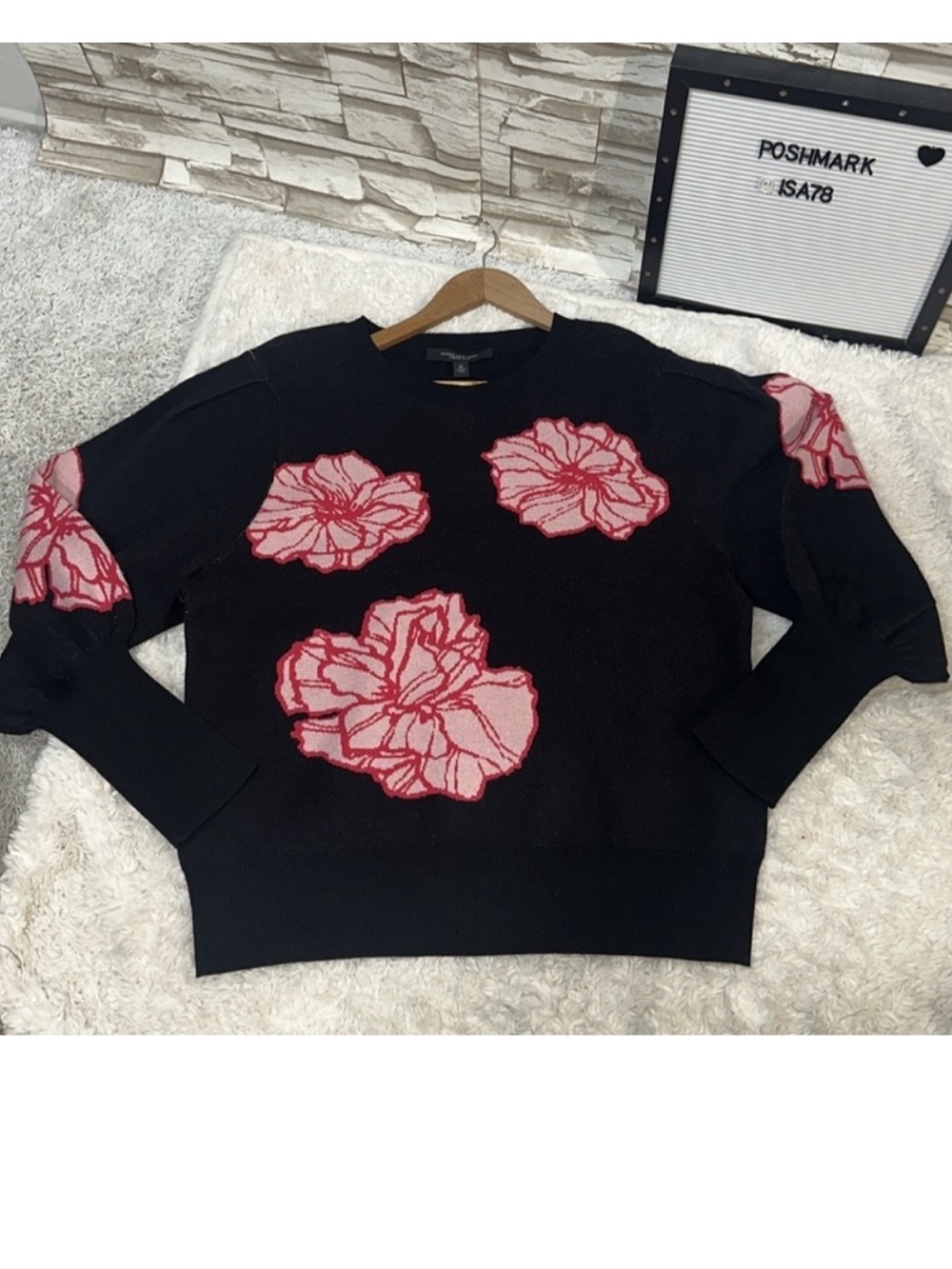 MARC NEW YORK Large Crew Neck Black Sweater with Pink Floral Design